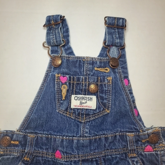 OshKosh B'Gosh Denim Overalls Embroidered Hearts Blue Pink Size 6 M - Picture 2 of 7